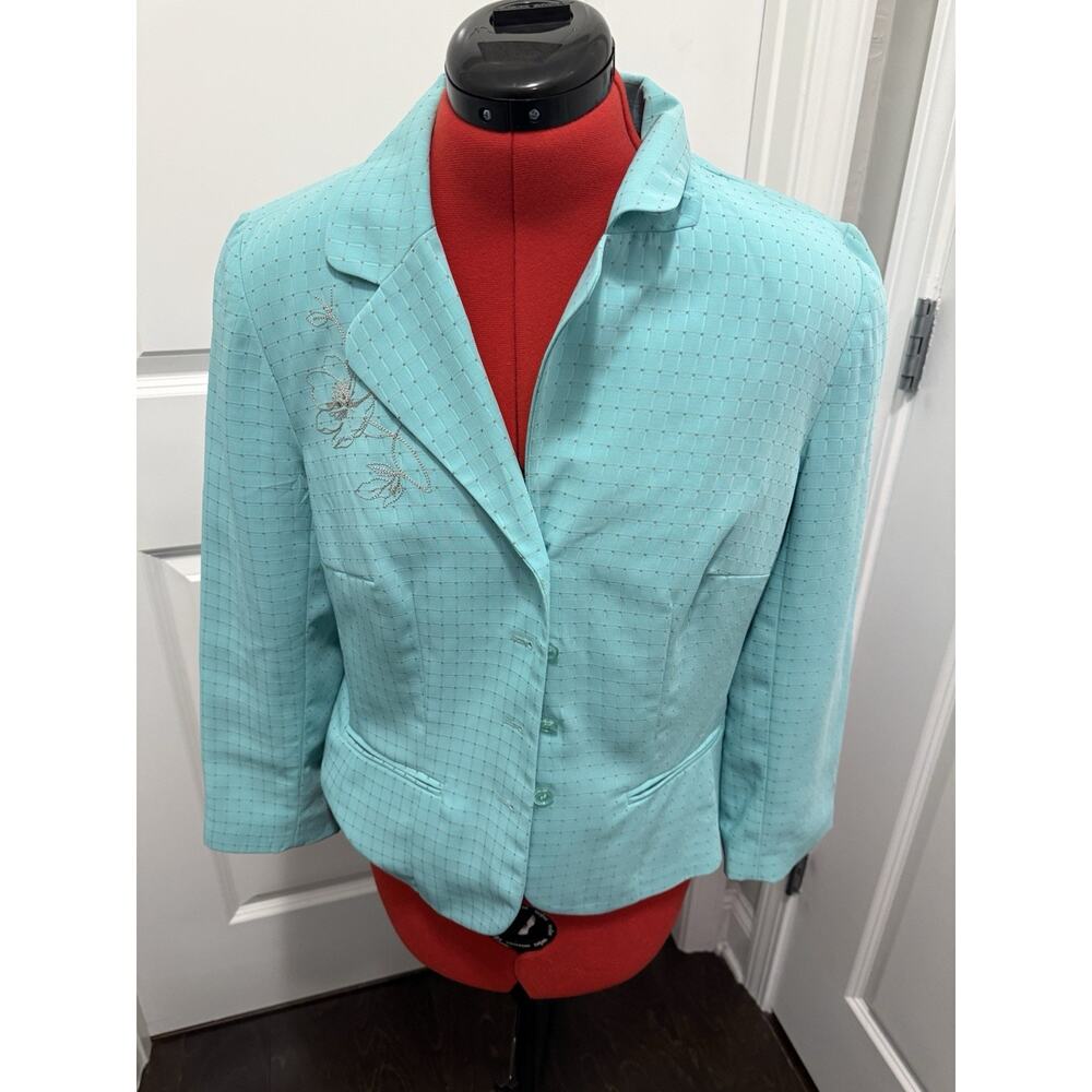 Jonathan Martin Studio Blazer Sz 10 Aqua Grid Floral 3/4 Sleeve